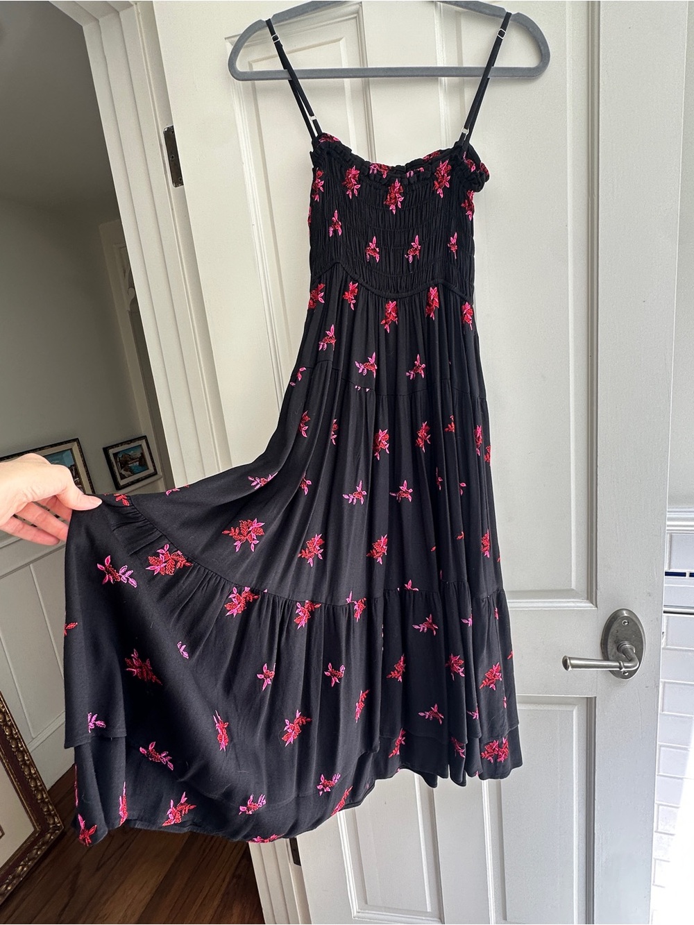 Ciao Lucia Black Floral Midi Dress with Red and Fuchsia Embroidery